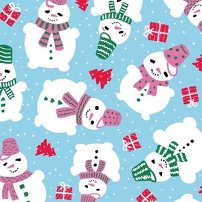Cute snowman with pink buckets and scarfs and Christmas presents, blue