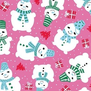 Cute snowman with pink buckets and scarfs and Christmas presents, pink