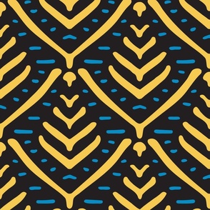 African Batik Gold Blue Black  Stylized Tree Print