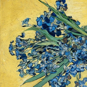 Van Gogh vase of irises on yellow fabric, tea towel or wall hanging