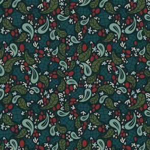 Christmas Holly Berry Floral  Flourish - Colorful Deep Teal - Traditional Holiday Fabric by Heavens to Betsy 