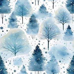 Watercolor Blue Forest on White - medium