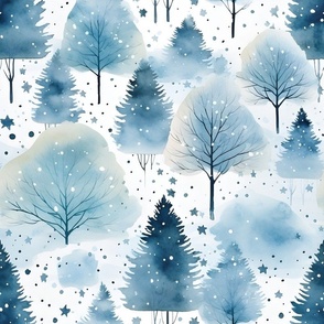 Watercolor Blue Forest on White - large