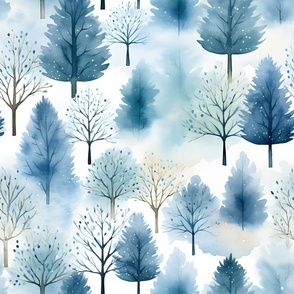 Blue Watercolor Forest on White - large
