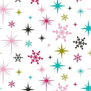Stardust  - Retro Christmas Snowflakes and Stars - White Regular More Open Repeat