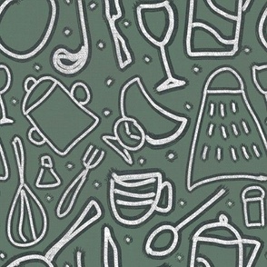 Doodle cutlery: forks, spoons, grater, glasses, cups, pans. Gray background