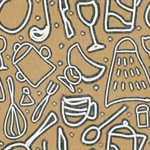 Doodle cutlery: forks, spoons, grater, glasses, cups, pans. Ocher background