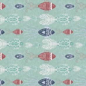 Red and blue stylized fish on a green background with texture