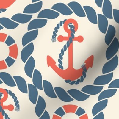 Rope, Anchors, Sign Beach Ring - Coastal Chic Collection - Admiral Blue and Coral on Ivory BG