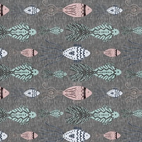 Red and green stylized fish on a dark gray background with texture