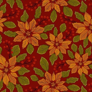 Festive Poinsettia Pattern in Ruby Red, Orange and Olive Green