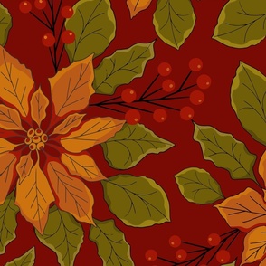 Large Scale Festive Poinsettia Pattern in Ruby Red, Orange and Olive Green