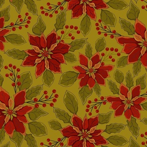 Festive Poinsettia Pattern in Ruby Red, Orange and Olive Green
