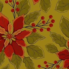 Large Scale Festive Poinsettia Pattern in Ruby Red, Orange and Olive Green