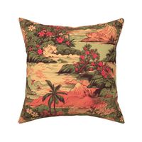 Small Vintage Hawaiian Landscape in Sage Green and Orange