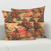 Small Vintage Hawaiian Landscape in Sage Green and Orange