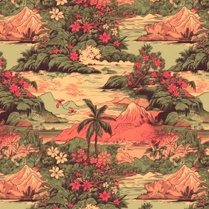 Small Vintage Hawaiian Landscape in Sage Green and Orange