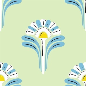 Mod Sunny Flower Stems - blue, white and yellow on soft green