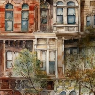 Brownstone Buildings in Varied Tones of Brown Watercolor