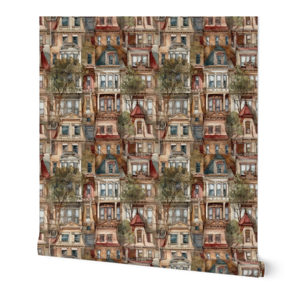 Brownstone Buildings in Varied Tones of Brown Watercolor