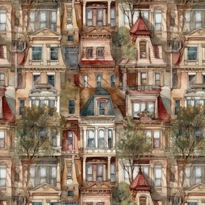 Brownstone Buildings in Varied Tones of Brown Watercolor