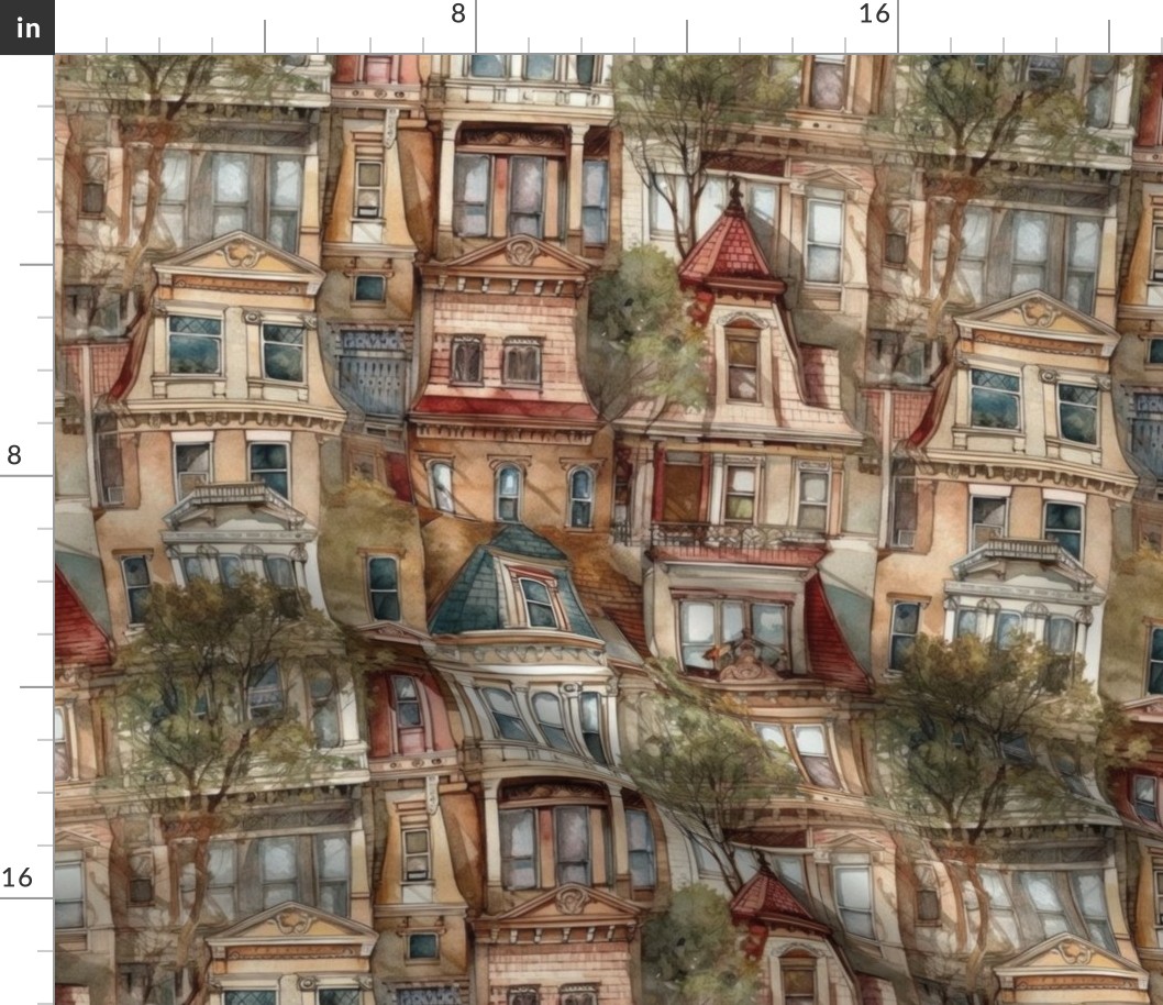 Brownstone Buildings in Varied Tones of Brown Watercolor