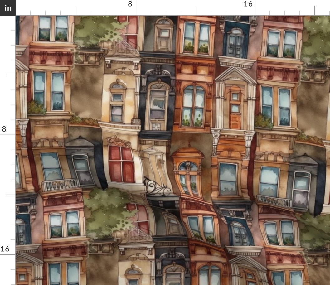 Brownstone Buildings in Varied Tones of Brown Watercolor