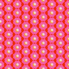 Mod Flower - bright pink, light pink and orange on red - smaller scale