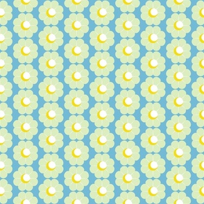 Mod Flower - soft green and yellow on blue - smaller scale