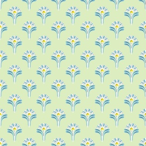 Mod Sunny Flower Stems - blue, white and yellow on soft green - smaller scale