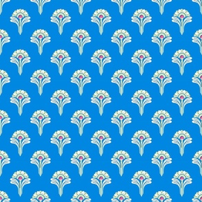 Mod Sunny Flower Stems - soft green, white and pink on blue - smaller scale