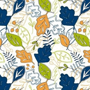 Autum Leaves Citrus and Navy on White