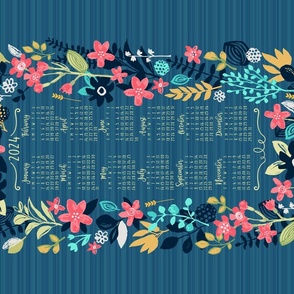 Tea Towel-2024 Calendar Blue Floral-horizontal