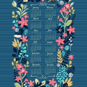 Tea Towel-2024 Calendar Blue Floral-vertical