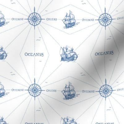 oceanus - ships and compass rose with dashed sea map lines