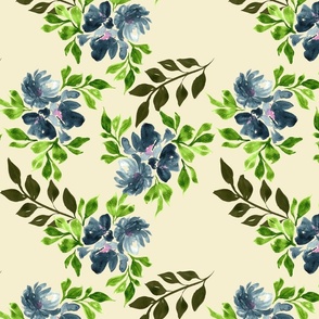 Blue and Pink Watercolor Flowers with Bright Green Leaves on a light beige background