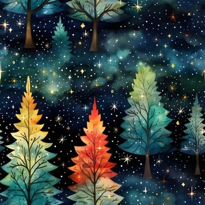 Rainbow Evergreen Forest at Night - large