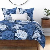 Boho Rose Flowers, Botanic Roses Pattern in Contemporary Shades of Inky Blue, Victorian Flower Garden Home Decor, Bold Rambling Rose Garden Aesthetic, Lush Textured Linen Summer Time Florals (Large Scale)