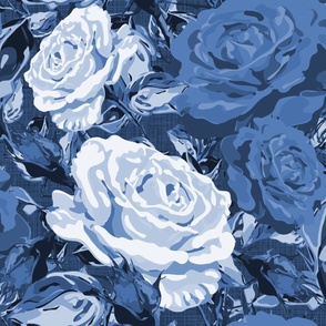 Boho Rose Flowers, Botanic Roses Pattern in Contemporary Shades of Inky Blue, Victorian Flower Garden Home Decor, Bold Rambling Rose Garden Aesthetic, Lush Textured Linen Summer Time Florals (Large Scale)