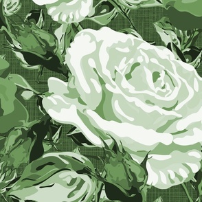 Boho Floral Botanic Roses Pattern in Contemporary Shades of Green Tones, Victorian Flower Garden Home Decor, Bold Rambling Rose Garden Aesthetic, Lush Textured Linen Summer Time Florals 