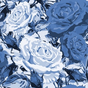 Boho Roses Floral in Vibrant Shades of Blue, Victorian Flower Garden Home Decor, Bold Rambling Rose Garden Aesthetic, Lush Textured Linen Summer Time Florals 