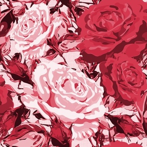 Dramatic Floral Dark Rose Flowers in Vibrant Crimson Reds, Victorian Flower Home decor, Bold Rambling Rose Garden Aesthetic, Lush Textured Linen Summer Time Florals 