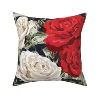 Bold Maximalist Red and White Floral Blooms, Timeless Hand Drawn Botanical Rose Flower Pattern, Dark Blue Linen Look Texture, Big Red Rose Floral, Red and White Roses, Dramatic Midnight Blue Moody Floral, Green Rose leafy Foliage, Entangled Red White Rose