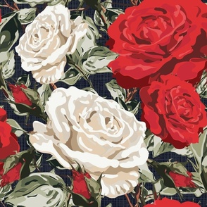 Bold Maximalist Red and White Floral Blooms, Timeless Hand Drawn Botanical Rose Flower Pattern, Dark Blue Linen Look Texture