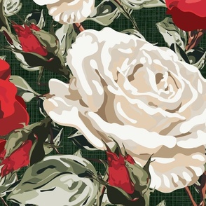 Bold Maximalist Floral Blooms, Timeless Hand Drawn Red and White Botanical Rose Flower Illustration, Scarlet Red Linen Look Texture
