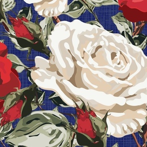Big White Rose and Red Rose Illustrations, Maximalist Floral Blooms, Timeless Hand Drawn Botanical Rose Flower Pattern on Vibrant Midnight Blue Linen Look Texture