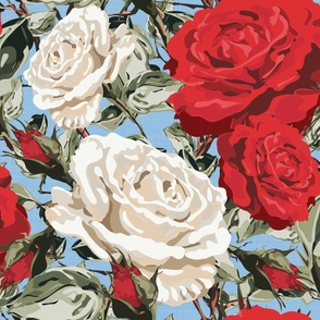Big Red and White Floral Blooms, Maximalist Rose Flower Illustrations, Timeless Hand Drawn Botanical Roses Pattern on Sky Blue Linen Look Texture
