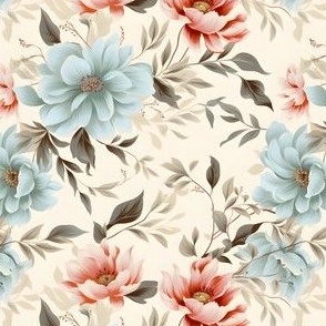 Blue & Pink Flowers on Cream - small