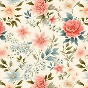 Pink & Blue Flowers on Cream - small