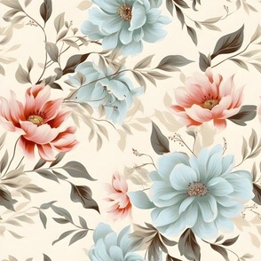 Blue & Pink Flowers on Cream - medium